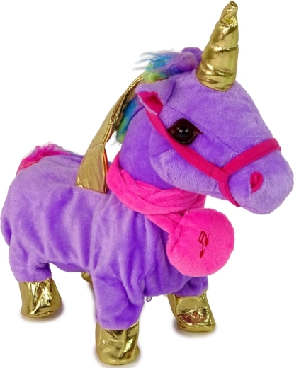 Licorne en peluche interactive violette avec ailes dorées