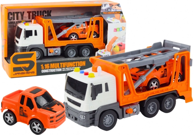 Camion porte-voitures multifonction lumières et sons 1:16 Orange Autocar