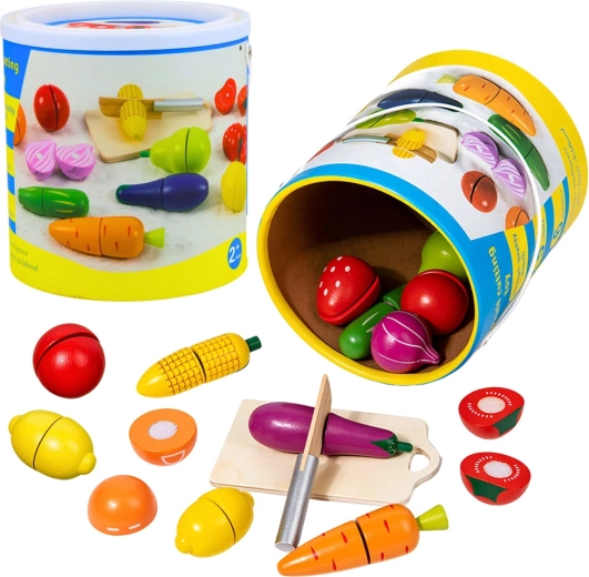 Set en bois de fruits et légumes à découper avec planche, couteau et seau