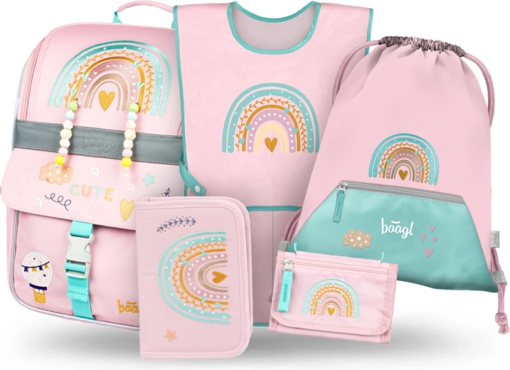 Baagl ensemble scolaire 5 en 1 Zippy Arc-en-ciel rose – cartable, trousse, sac, tablier et porte-monnaie