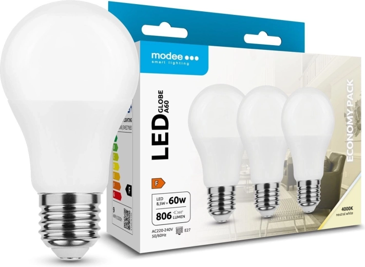 Ampoule LED Modee Globe A60 8,5 W E27, 806 lm, blanc neutre, lot de 3