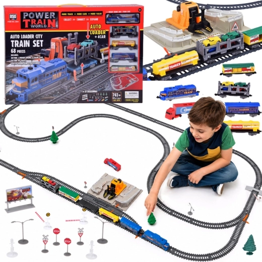 Circuit de train électrique avec wagon porte-voitures, 4 petites voitures et station de chargement (voie de 762 cm)