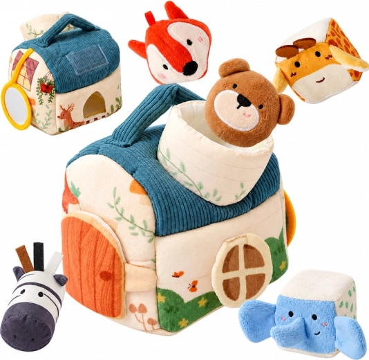Maison sensorielle en peluche avec 5 animaux