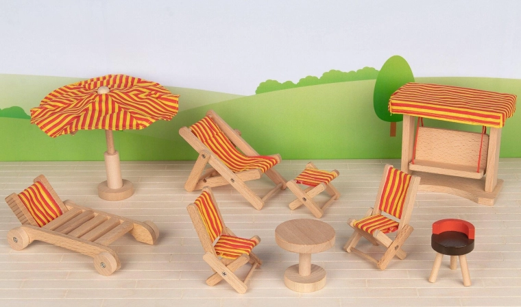 Mobilier de jardin pour maison de poupée – balançoire et accessoires (9 pièces)