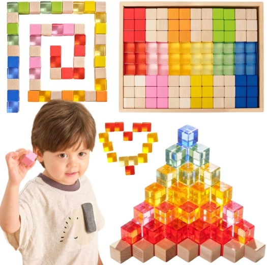 VIGA cubes lumineux colorés en acrylique et en bois, 108 pièces