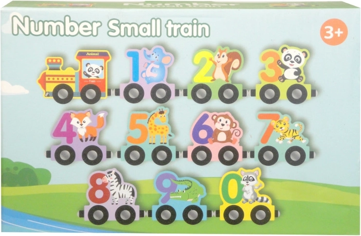 Petit train en bois avec chiffres et animaux