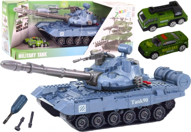 Tank bleu interactif pour jouer avec outils et sons