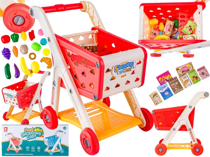 Chariot de courses pour enfants supermarché rouge avec accessoires (fruits et légumes)