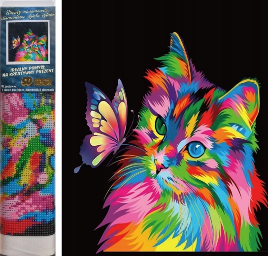Kit de peinture diamant - chaton arc-en-ciel avec petit nœud papillon