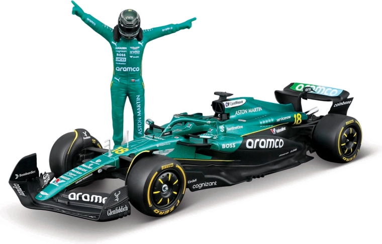 Modèle Bburago Formule 1 Aston Martin AMR25 2025 Lance Stroll (numéro 18) 1:24 avec figurine de pilote