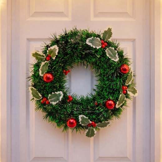 Couronne de Noël avec houx et boules décoratives, 40 cm