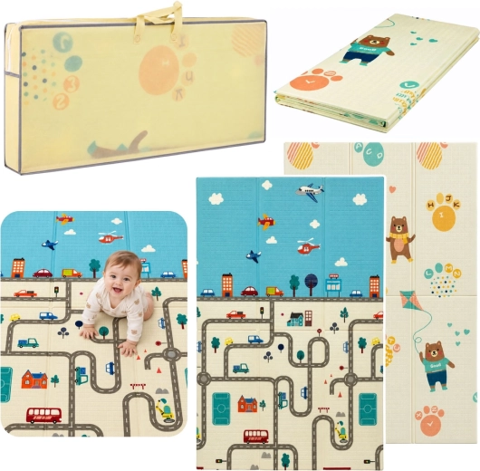 Tapis de jeu pliable double face en mousse, route et oursons, 120 × 180 cm