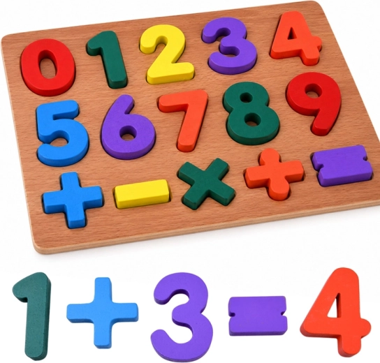 Puzzle éducatif en bois avec chiffres et symboles mathématiques