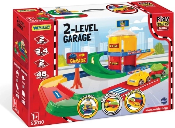 Garage à deux niveaux WADER PLAY TRACKS avec piste 3,4 m et 2 petites voitures
