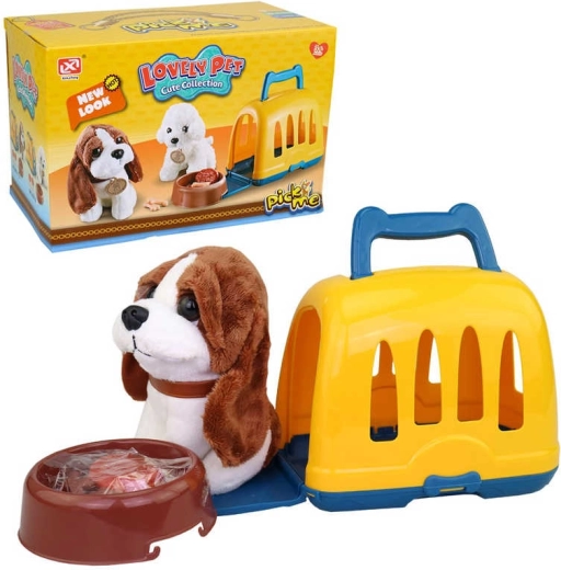Set de jeu avec chien en peluche, boîte de transport et accessoires