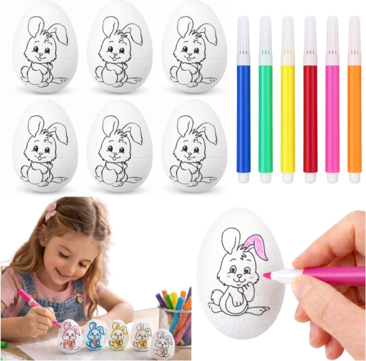 Œufs de Pâques en polystyrène à peindre avec motif lapin, 6 pièces avec feutres