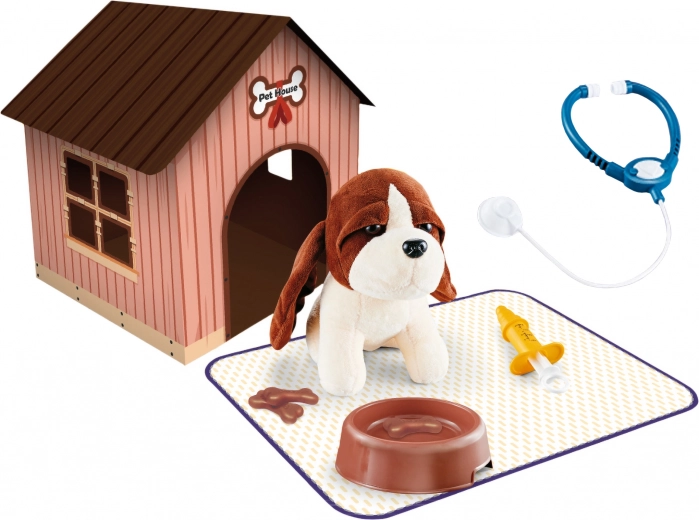 Chiot en peluche avec niche et petite sacoche 18 cm