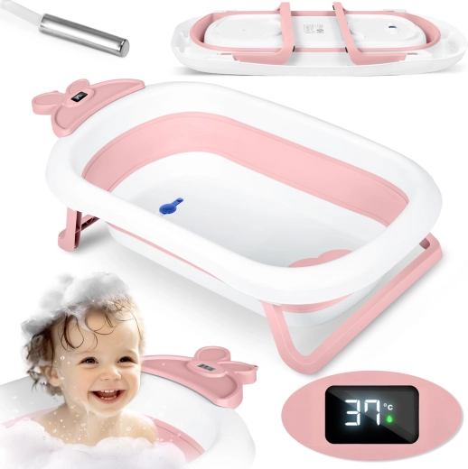 Baignoire pliante pour enfants avec thermomètre LCD, blanc/rose