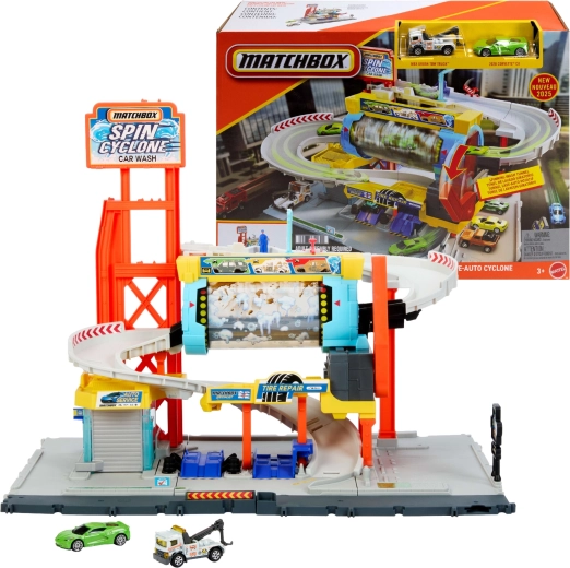 Station de lavage Matchbox Turbo Cyclone – set de jeu à étages avec rampe et service