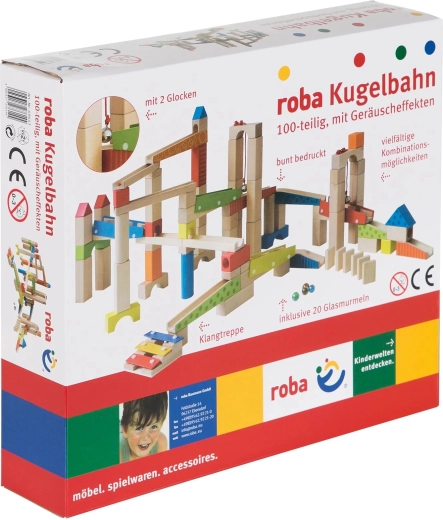 Circuit de billes en bois Roba aux couleurs vives, 100 pièces