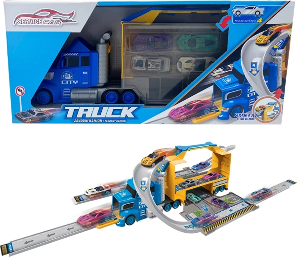 Camion Sparky avec 4 voitures et des panneaux de signalisation