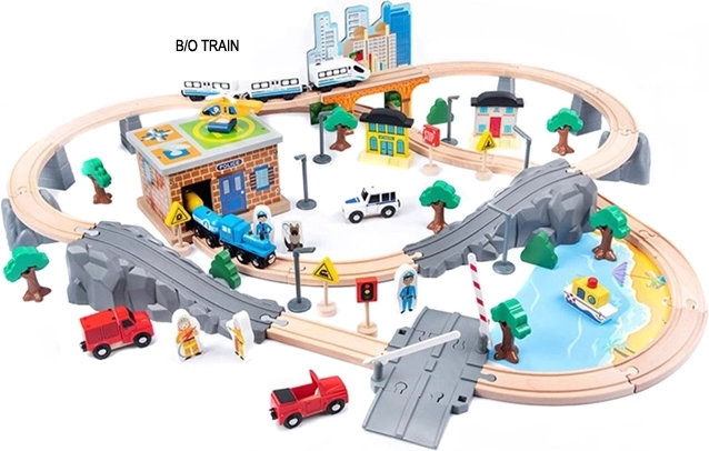 Circuit de train en bois à piles, 95 pièces