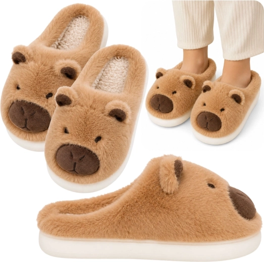 Chaussons d’intérieur en peluche capybara avec oreilles, beige (taille 34–35)