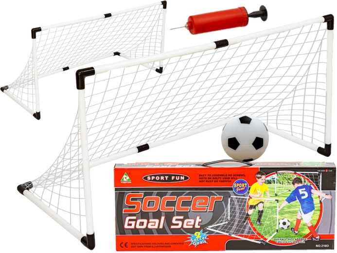 Ensemble de buts de football avec filets, ballon et pompe