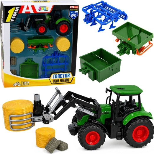 Set fermier : tracteur avec chargeur frontal et pince à balles 1:24