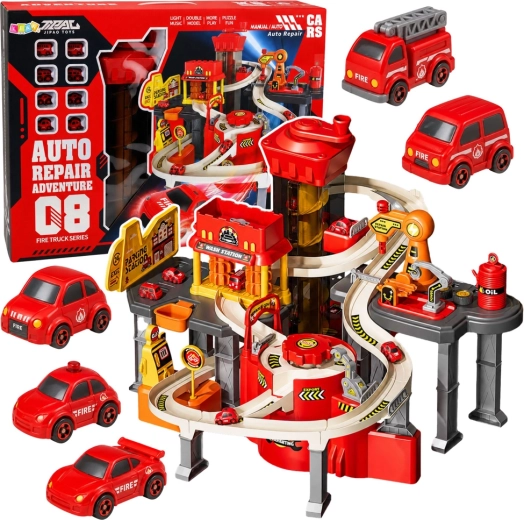 Garage de stationnement interactif avec circuit et caserne de pompiers (8 petites voitures)