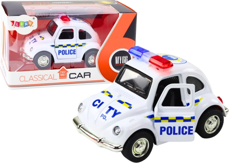 Voiture de police classique 1:38 à friction, avec lumières et sons, blanche