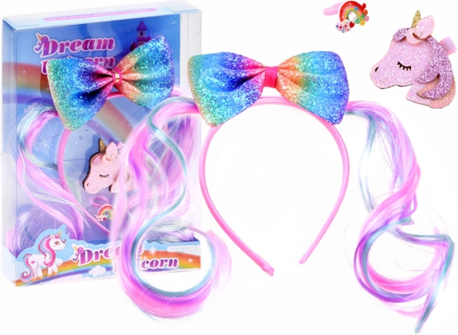 Set de coiffure pour fille avec nœud arc-en-ciel scintillant, licorne et bague