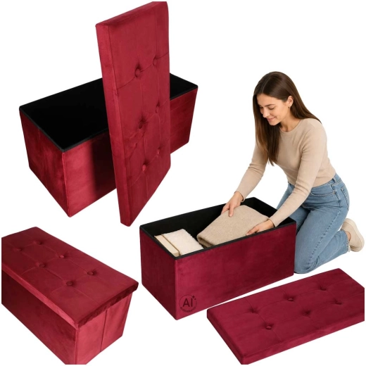 Banc/pouf pliant en velours avec espace de rangement bordeaux 77 × 38 × 37 cm - 1 pièce