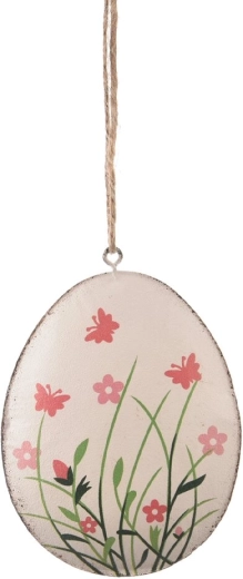 Œuf de Pâques suspendu en métal blanc avec motif floral 11 cm