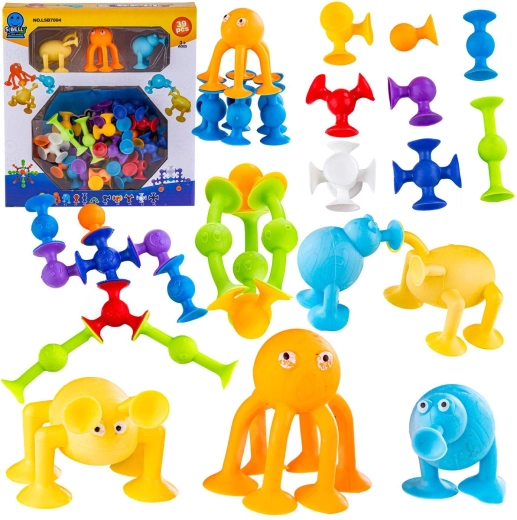 Ventouses de construction en silicone – pièces de construction colorées avec visages joyeux (39 pcs)