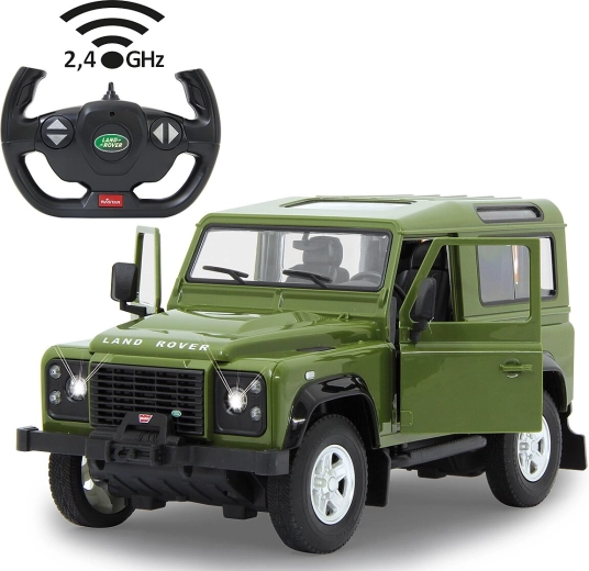 Voiture RC Jamara Land Rover Defender 1:14 verte 2,4 GHz avec LED et portes ouvrantes
