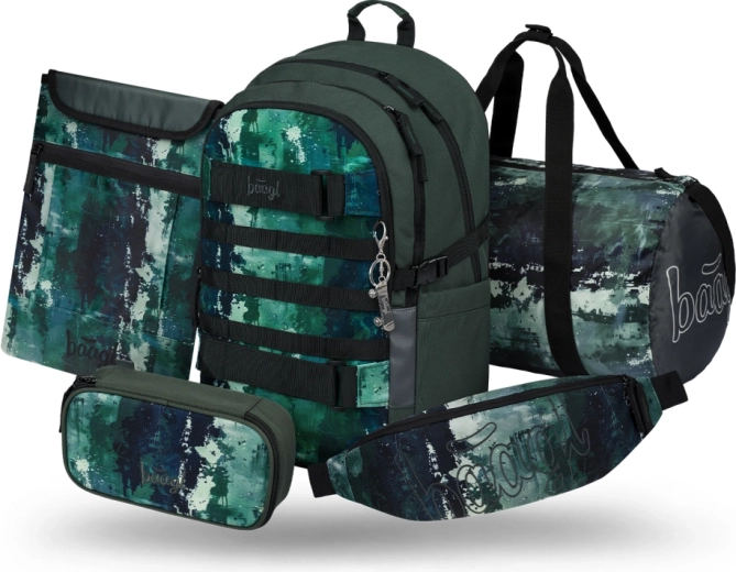 Ensemble Baagl Skate Forest : sac à dos scolaire, trousse, sac de sport, banane et housse pour ordinateur portable