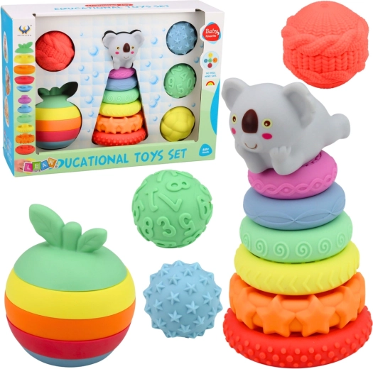 Set sensoriel pour bébé – jouets en caoutchouc, pyramide et balles, 16 pièces