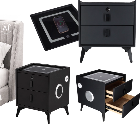 Table de chevet intelligente avec empreinte digitale, charge sans fil et haut-parleurs Bluetooth, noire 45 × 40 × 40 cm