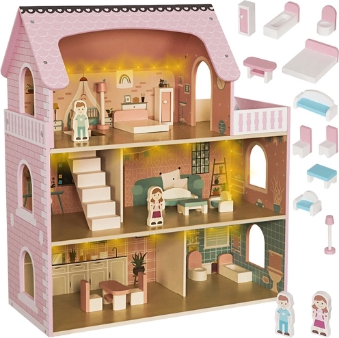 Kruzzel grande maison de poupées en bois avec éclairage LED et mobilier (3 étages)
