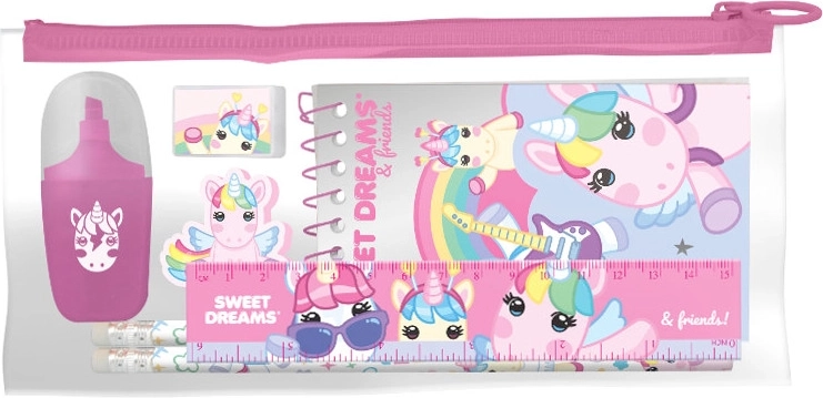 Set d’écriture dans une trousse transparente avec motif licorne