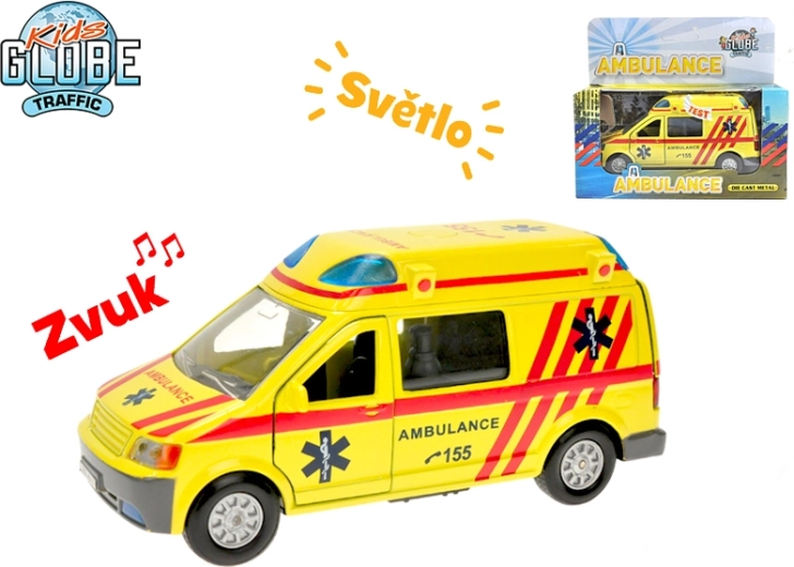 Ambulance en métal Kids Globe Traffic 14 cm avec lumière, son et moteur à rétrofriction