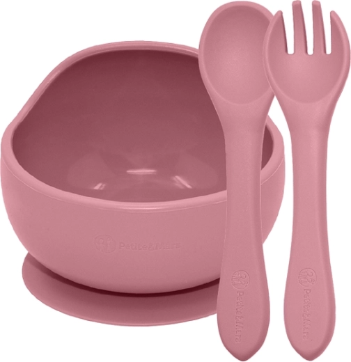 Petite&Mars set repas en silicone Take&Match : bol avec ventouse + couverts dusty rose (6m+)