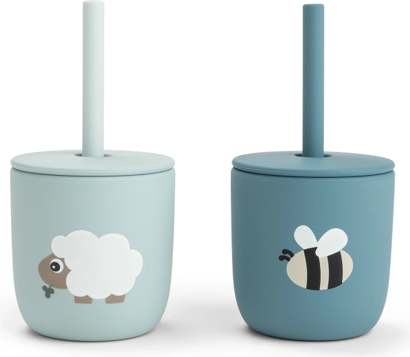 Done by Deer gobelets en silicone avec paille Tiny farm bleus (2 pcs)