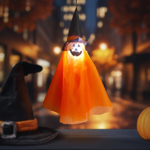 Décoration lumineuse suspendue d’Halloween en forme de citrouille avec chapeau de sorcière