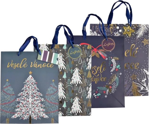Sac cadeau en papier de Noël avec relief bleu 26 × 10 × 32 cm (mix de 4 motifs)