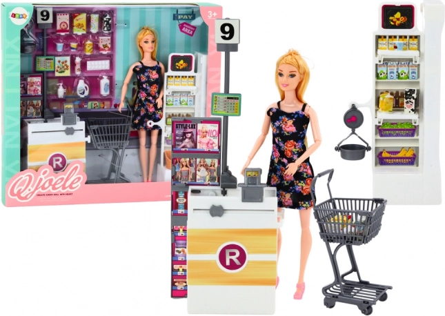 Poupée au supermarché avec étagères, panier et aliments