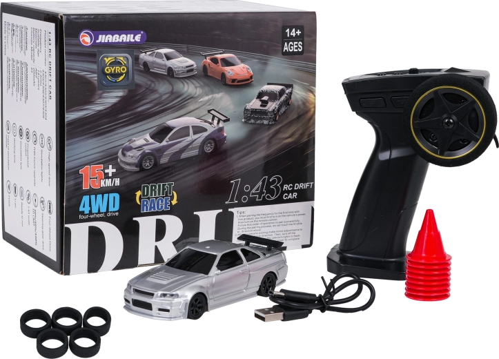 Voiture RC de drift argentée au 1:43 avec accessoires