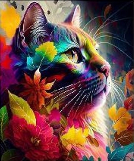 Mosaïque de diamants - Chat coloré sur fond de feuilles