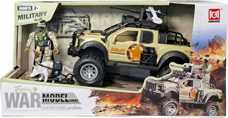Set de jeu militaire avec pick-up tout-terrain, soldat et chien